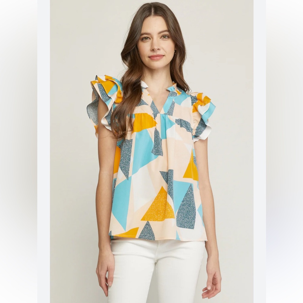 entro Geometric Cap-Sleeve Blouse in Mustard, Teal & Blush